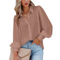 Women's Clothing Lantern Sleeve Pleated Solid Standing Collar Loose Shirt Long-Sleeved For Women Top. 