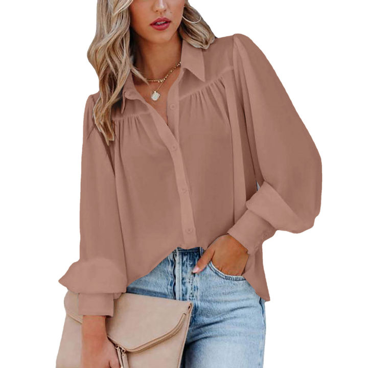 Women's%20Clothing%20Lantern%20Sleeve%20Pleated%20Solid%20Standing%20Collar%20Loose%20Shirt%20Long-Sleeved%20For%20Women%20Top%20-%20Image%207