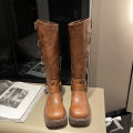 miu*Model Style Belt Buckle Chunky Heel Martin Boots Women's Spring/Summer Leather Retro below the Knee Boots Western Boots. 