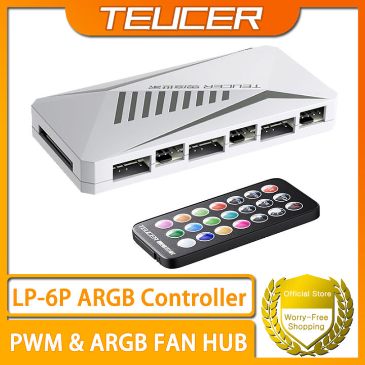 TEUCER LP-6P ARGB Controller 3Pin and 4Pin Multi Way Splitter 1 to 6 Case Fan Extension Cable Adapter PC Cooling Fan HUB