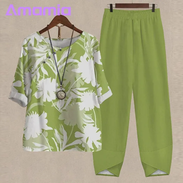 Amamia%20Blouse%20Trousers%20Round%20Neck%20Flower%20Print%20Pullover%20Top%20Pants%20-%20Image%204