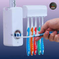 RAISA Automatic Toothpaste Dispenser and Brush Holder Set Wall Mountable Bathroom Organizer with Dust Proof Toothbrush Storage.