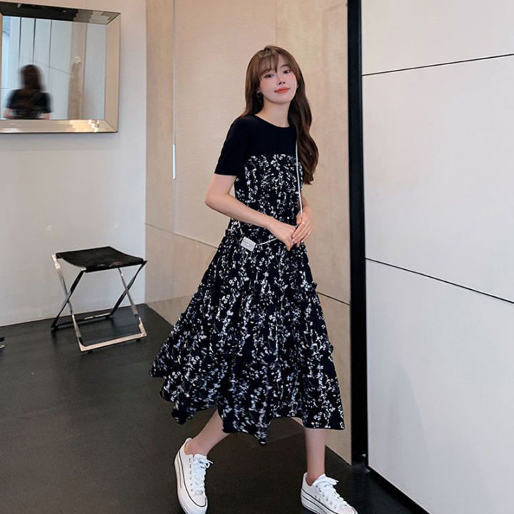 %E3%80%90sought-after%E3%80%91%20Women's%20T-shirt%20two%20Pcs%20Korean%20style%20Summer%20Dress%20Mid-Length%20Floral%20Printed%20Boho%20Casual%20Daily%20Chiffon%20floral%20black%20Dress%20-%20Image%203