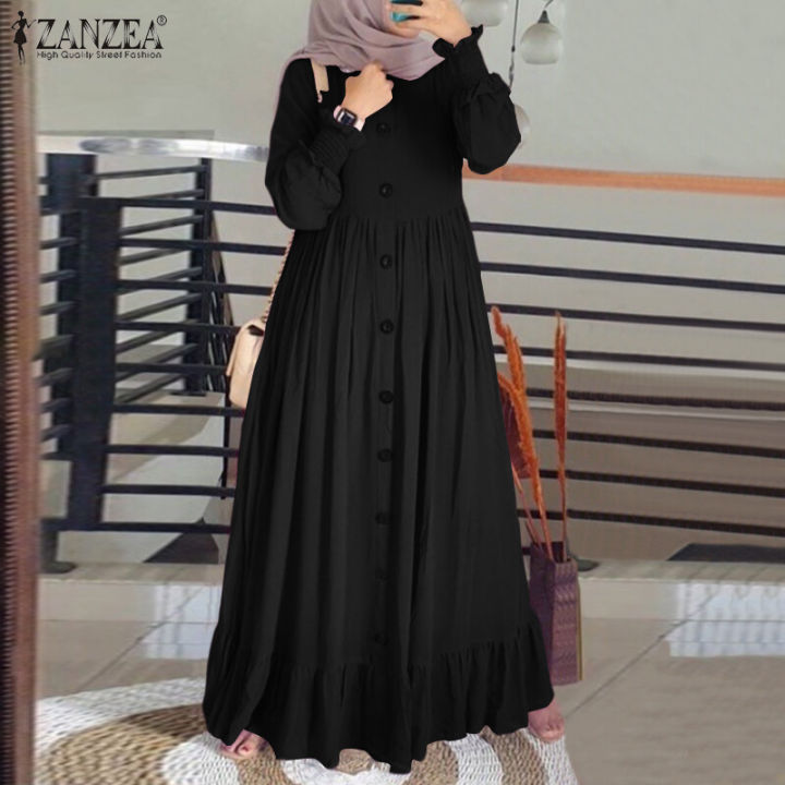 ZANZEA%20Muslimah%20Women%20Muslim%20Solid%20Long%20Puff%20Sleeve%20Ruffles%20Hem%20Button%20Down%20Abaya%20Dress%20-%20Image%203