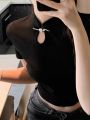 Black Shoulder Short Sleeve T Women's Summer T-shirt 2023 New Design Sense Niche Improved Cheongsam Chinese Style Traditional Top. 