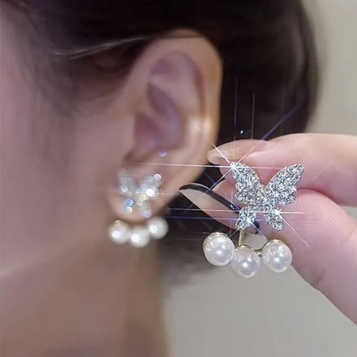 New Elegant Crystal Butterfly Back Hanging Pearl Earrings Korean Fashion Jewelry for Woman Girls Accessories