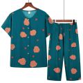 Middle-aged and elderly cotton silk pajamas, women's summer thin short-sleeved two-piece suits, summer cotton cotton silk home clothes can be worn outside. 