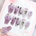 Fairy Flower Nails with White Bow Crystal Design Korean Sweet Style Nails for Lady Girls Artificial Nails Handmade. 