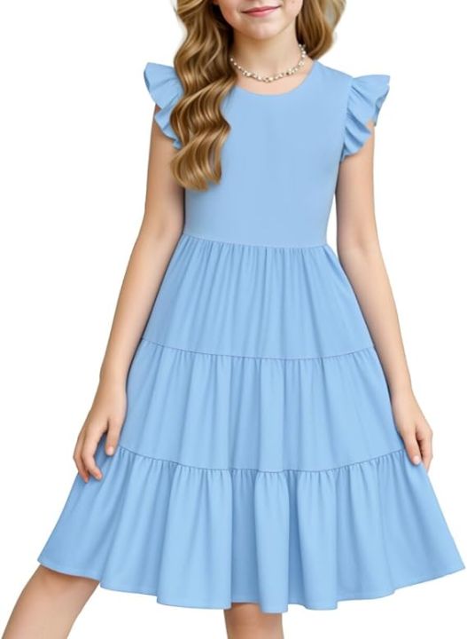 Kids%20Girls%20Summer%20sweet%20Dresses%20with%20Short%20Sleeve%20A-Line%20design%20and%20Tiered%20Midi%20Casual%20Sundress%20Size%200-12%20Years%20old%20childrens%20-%20Image%202