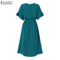 ZANZEA Women Short Sleeve Button Up A-Line Sundress Party Summer Belted Long Midi Dress #15. 