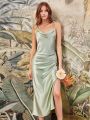 MisShow Satin Cowl Neck Women Beach Midi Dresses for Summer High Slit Sheath Evening Party Dresses for Christmas New Year. 