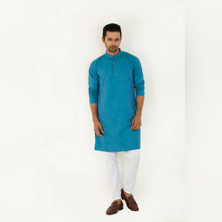 Masculine Cyan Jacquard Slim Fit Casual Panjabi For Men