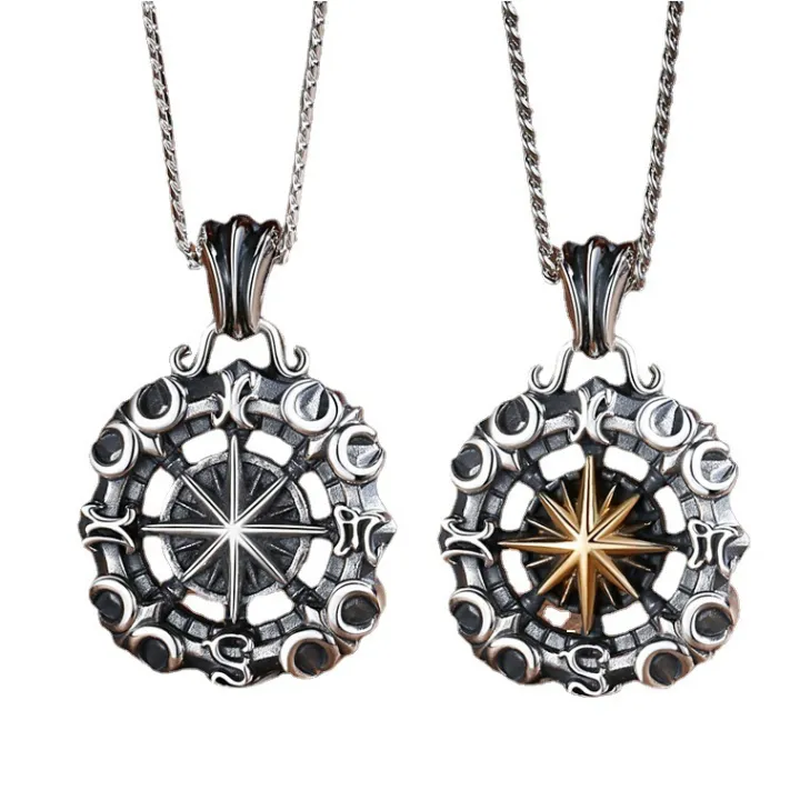Nautical%20compass%20necklace%20men's%20fashion%20brand%20personality%20street%20eight-pointed%20star%20pendant%20vintage%20imitation%20Thai%20silver%20compass%20men's%20necklace%20-%20Image%205