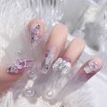 Fairy Flower Nails with White Bow Crystal Design Korean Sweet Style Nails for Lady Girls Artificial Nails Handmade. 