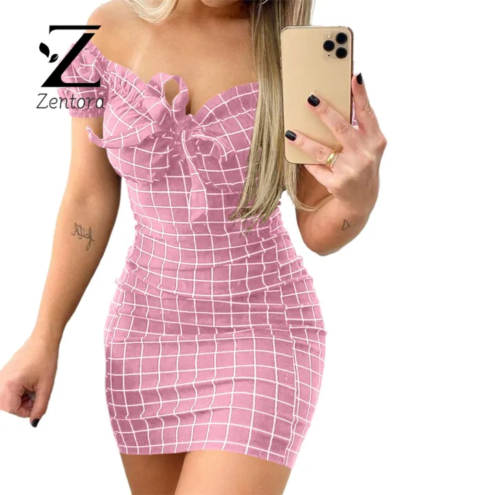 Zentora%20Party%20Dress%20Casual%20Plaid%20Print%20Off%20Shoulder%20Bodycon%20Dress%20-%20Image%202