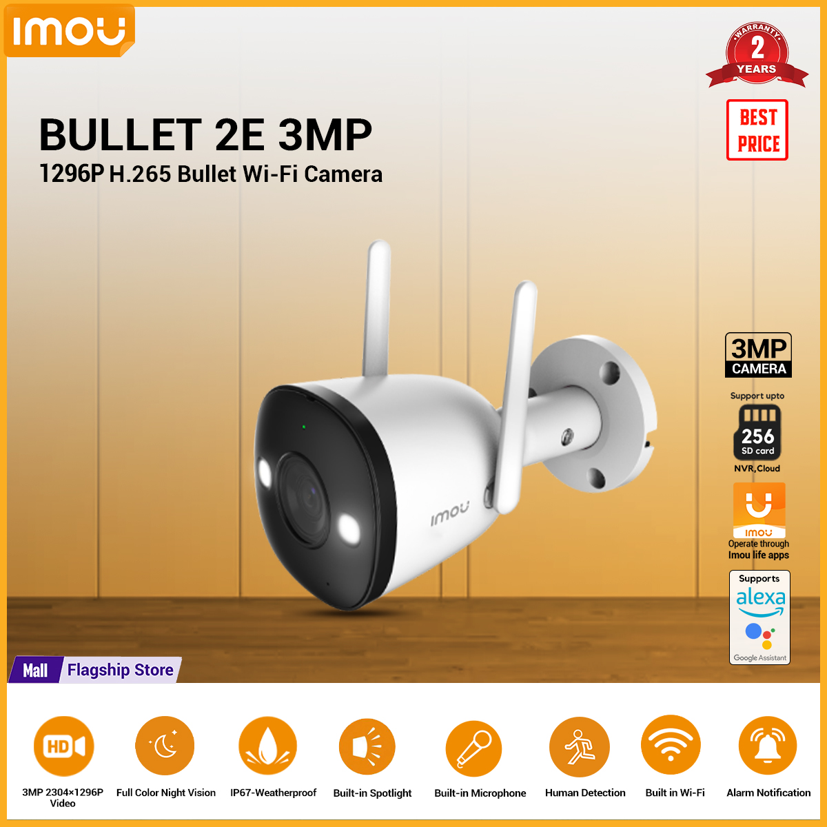 Imou Bullet 2E 3MP Color Night Vision Outdoor Bullet Camera 1080P H.265 Bullet Wi-Fi IP Camera Weatherproof Color Night vision camera