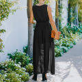 Women’s Casual Sleeveless Long Dress Fashion Solid Color V-neck Bandage High Waist Slit Dress. 