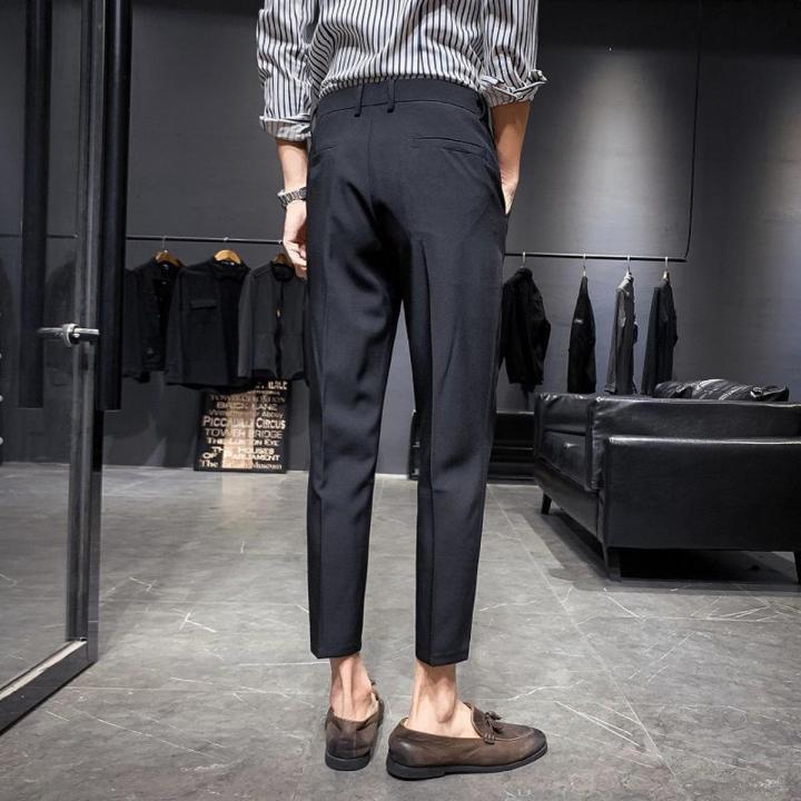 mens dress pants ankle length Lars Amadeus Men's Bright Black Cropped Pants Slim Fit Flat Front Solid  Color Ankle-Length Dress Pants 30 Bright Black at Amazon Men's Clothing  store