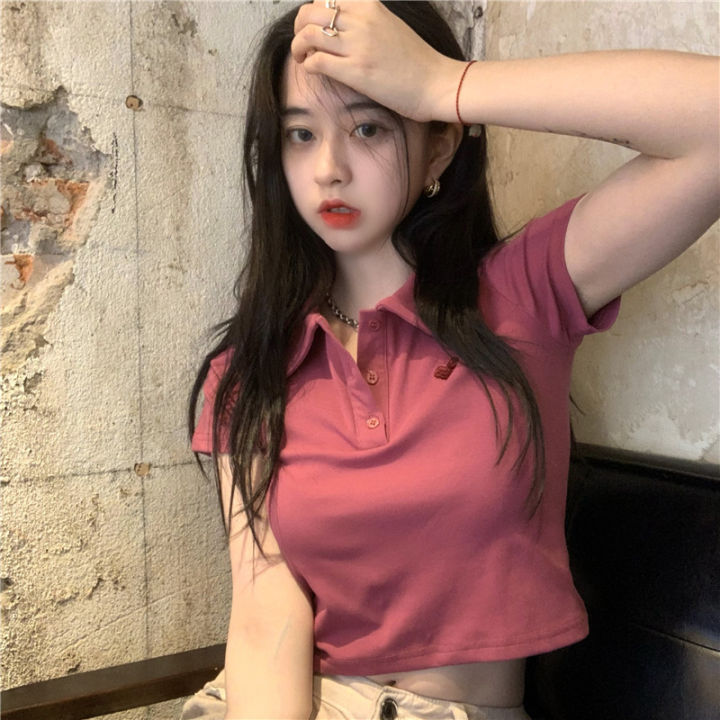 6535 Cotton Summer Korean Style 2022 New Slim Fit Slimming Embroidered POLO Collar Hot Girl Style Short Sleeve T Women's T-shirt