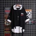 super Fire Ribbon Hooded  Hop Short Sleeve  Hop Fashion T-shirt Men's Fake Two-piece Street Bf Loose Five Sleeve T-shirt. 