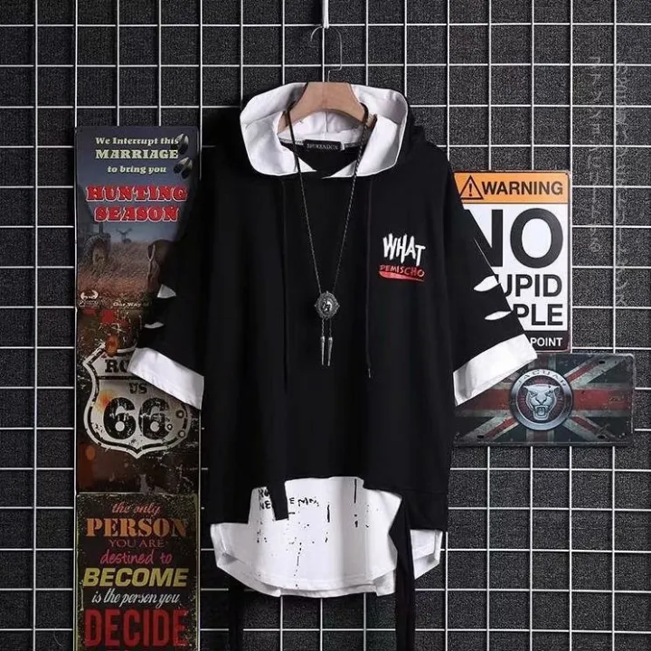 super%20Fire%20Ribbon%20Hooded%20%20Hop%20Short%20Sleeve%20%20Hop%20Fashion%20T-shirt%20Men's%20Fake%20Two-piece%20Street%20Bf%20Loose%20Five%20Sleeve%20T-shirt%20-%20Image%203