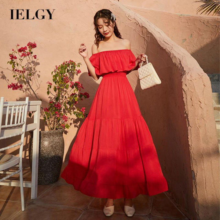 IELGY%20Women's%20dress%20beach%20long%20solid%20color%20dress%20casual%20simple%20one-shoulder%20versatile%20fashion%20-%20Image%202