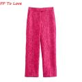 Rose Hot Pink Wide Leg Pants Straight Woman Elegant Long Trousers PB ZA Female Zipper 1971240. 