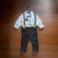 Baby Boy Dress Set: White Printed Full Sleeve Shirt and Navy Blue Pant with Dungarees.