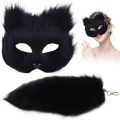 Happy night Therian Mask and Tail Set Fuzzy Cats Foxes Wolf Mask Tail Halloween Cosplays Costume Halloween Cosplays Stage Costume 2024.