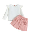 DSstyles 2 Pieces Baby Girls Skirt Set Cute Long Flying Sleeves Round Neck Tops Pleated Skirt With Bowknot Cotton Outfits For Girls.