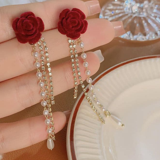 Red Flower  Pearl Long Tassel Dangle Earrings for Women