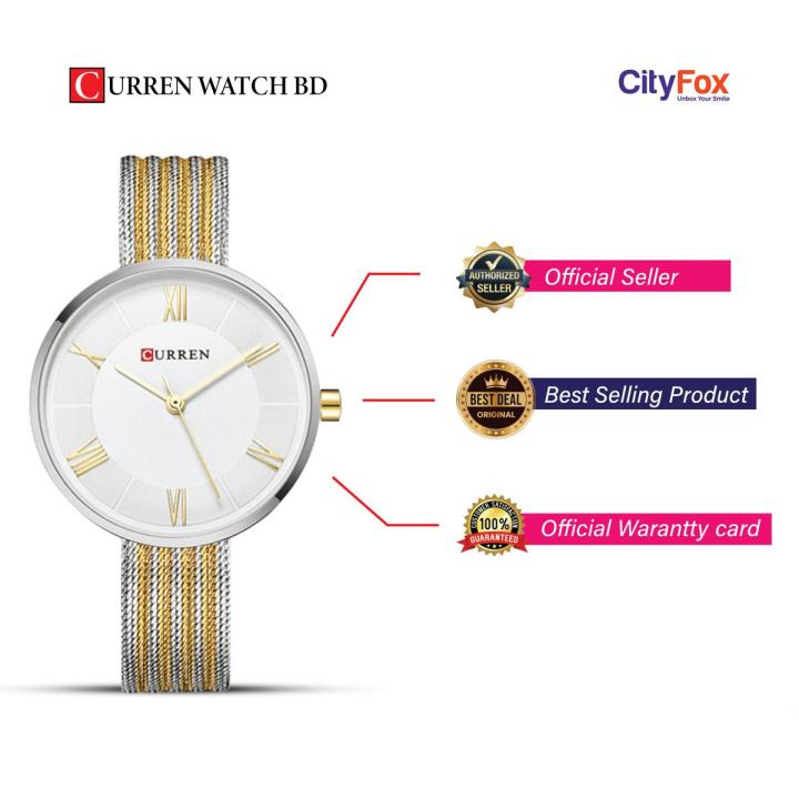 CURREN 9020 Silver And Golden Two-Tone Mesh Stainless Steel Analog Watch For Women - White & Golden