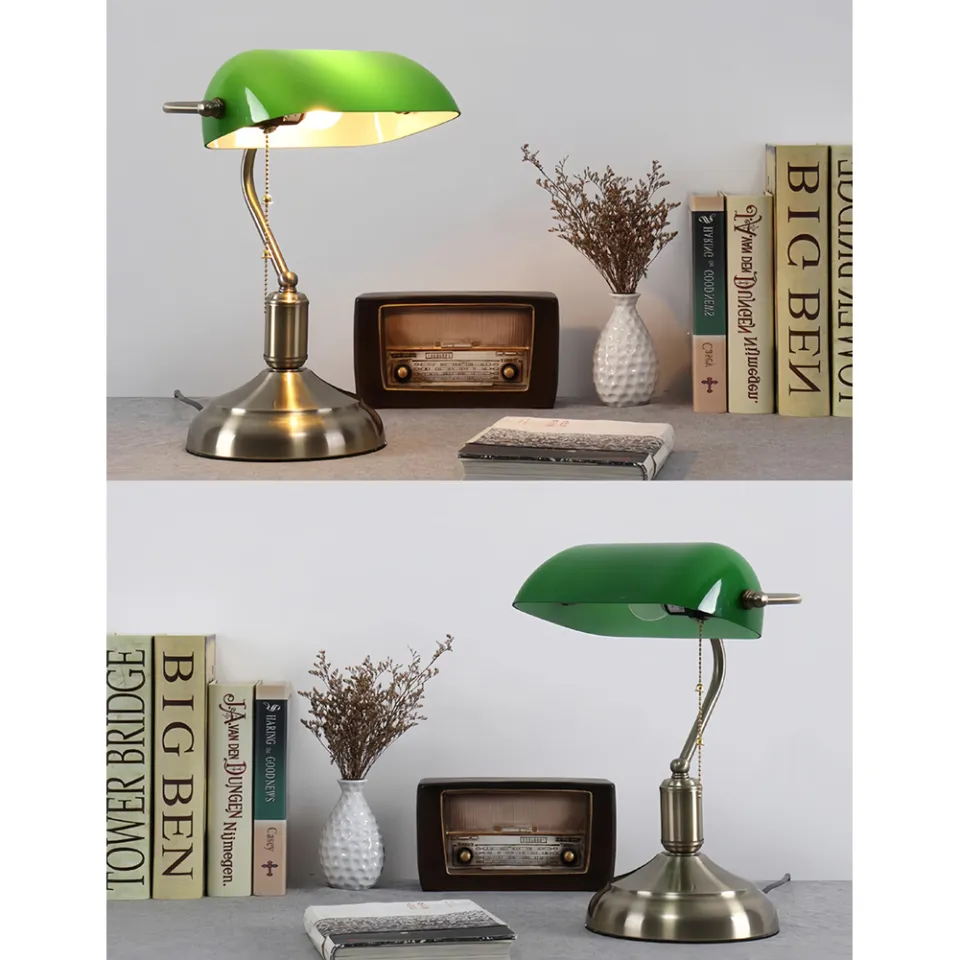 GC Vintage Desk Lamp Green Glass Antique Table Lights With Brass Base  Wireless Rechargeable Pull Chain Traditional Library Lamp