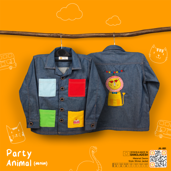 Blue Party Animal - Denim Winter Jacket For Kids Unisex