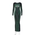 Hugcitar Striped Print Long Sleeve See Through Bodycon Maxi Dress 2023 Winter Women Y2K Evening Party Festival Clothes.