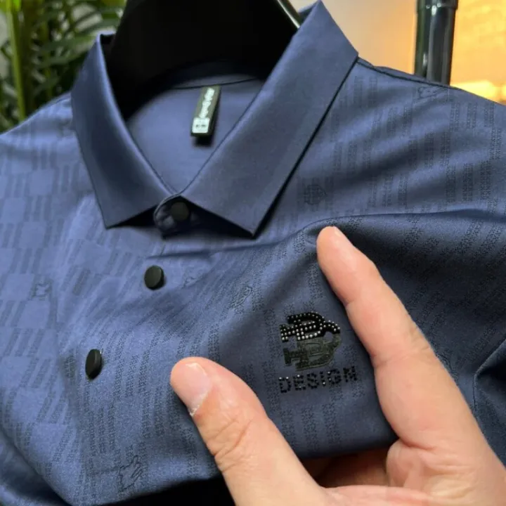DYXUE%20Summer%20Luxury%20Seamless%20Design%20Solid%20Color%20Cool%20Short-sleeved%20brand%20Polo%20Shirt%20Men's%20Waffle%20Lapel%20Diamond%20Print%20Top%20M-4XL%20-%20Image%203