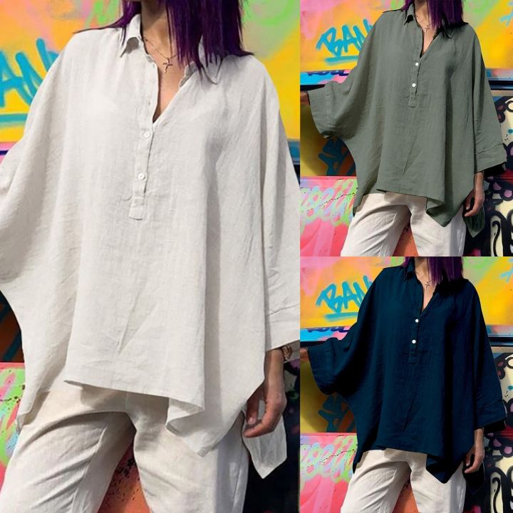 Summer%20Shirt%20Women%20Plus%20Size%20Loose%20Cotton%20Lapel%20Rolled%20Short%20Sleeve%20Shirt%20Tee%20Oversized%20Women%20Tops%20Summer%20Tunics%20Blusas%20Mujer%20-%20Image%202