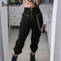 Black Streetwear Women Casual Pants Gothic Punk Grunge Harem Pants With Chains Black Female Long Trousers. 