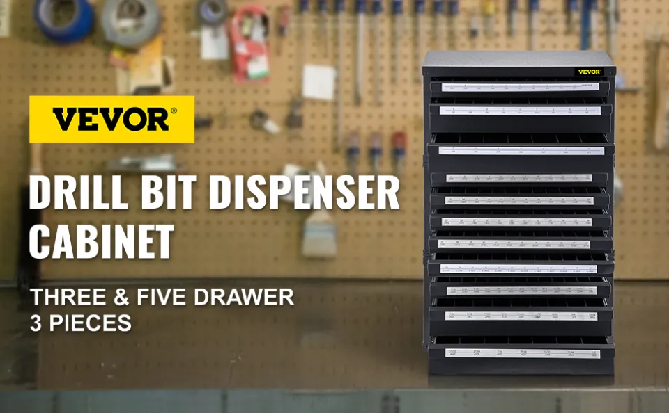 VEVOR Drill Bit Dispenser Cabinet – 3-Drawer Steel Organizer With 29 Compartments For Bits 1/16 To 1/2 Inch, Stackable