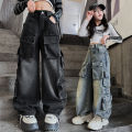 Teenage girls wide leg jeans 2024 autumn fashion children's casual denim pants children's workwear straight leg Baggy pants 15Y.