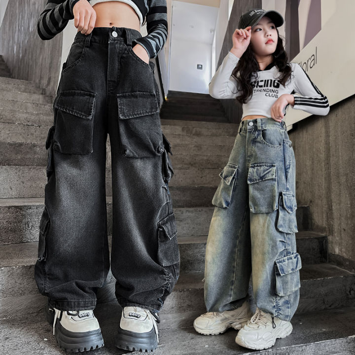 Teenage girls wide leg jeans 2024 autumn fashion children's casual denim pants children's workwear straight leg Baggy pants 15Y