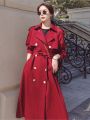Women's 2024 Spring New High-end Christmas Red Loose Long Coat Windbreaker Thick Warm Lace-up Coat Outwear Female Fashion Jacket. 