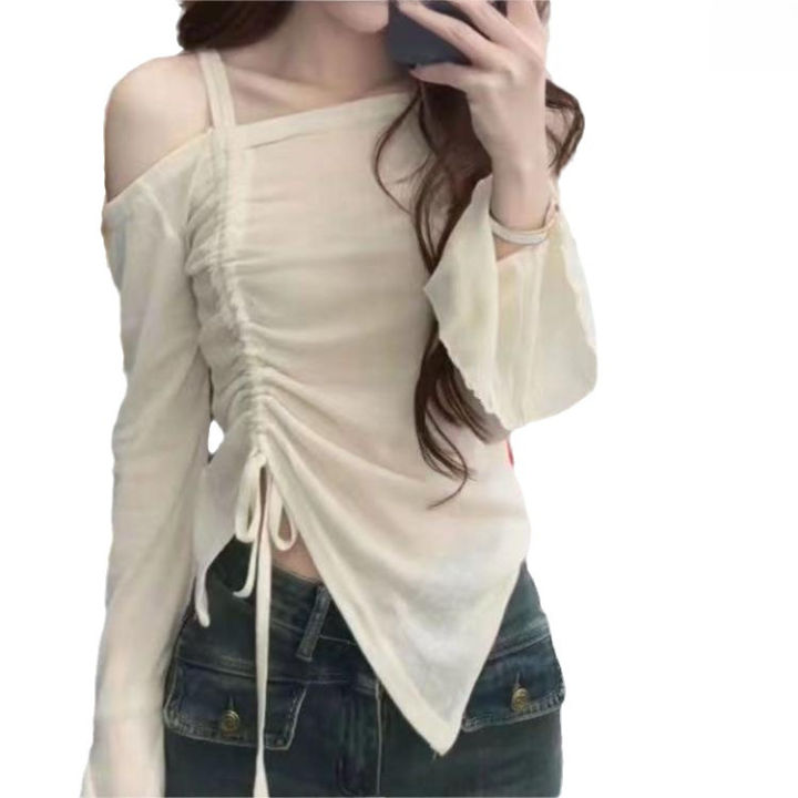 2023 autumn and winter new women's strap drawstring hot girl style solid color off-neck irregular outer wear women's T-shirt top