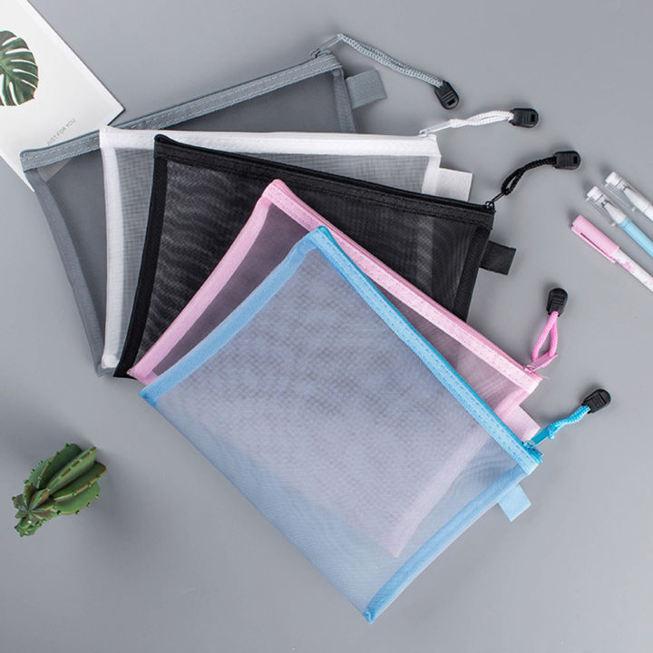 Pure Color Mesh Pencil Case Transparent Mesh Document Bag Zipper Stationery Bag Nylon Bag Office School Supplies