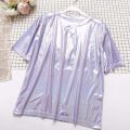 S-6XL Womens Sparkly Shiny Metallic Holographic Round Neck Short Sleeve Casual Loose Top Festival Party Tee Shirt Female Clothes.