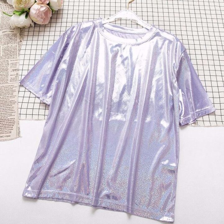 S-6XL%20Womens%20Sparkly%20Shiny%20Metallic%20Holographic%20Round%20Neck%20Short%20Sleeve%20Casual%20Loose%20Top%20Festival%20Party%20Tee%20Shirt%20Female%20Clothes%20-%20Image%202