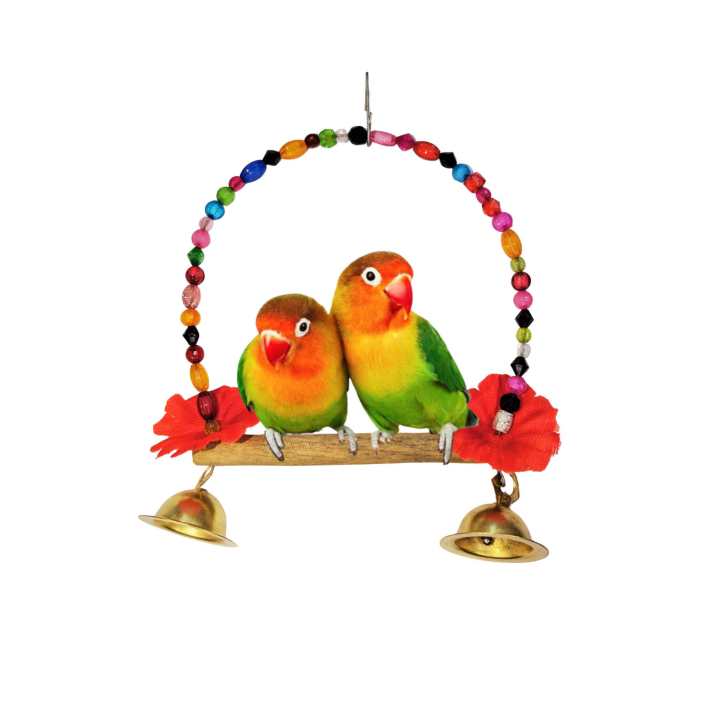 Colorful Wooden Bird Swing with Beaded Arch & Bells – Cage Toy for Parakeets, Lovebirds & Small Parrots