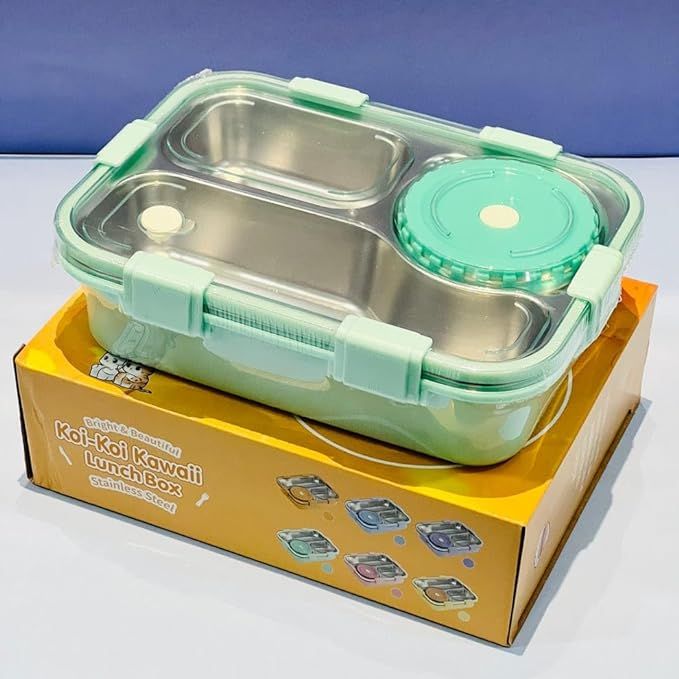 AUM ENTERPRISE 3 Compartment Stainless Steel Lunch Box with Soup Bowl, Spoon, Fork, Chopsticks Tiffin Box, School & Office - Multicolor (I)