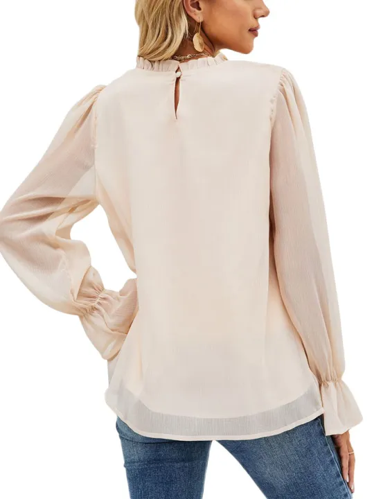 Eligible%20Women%20Spring%20Blouse,%20Long%20Puff%20Sleeve%20Plain%20Ruffle%20Crew%20Neck%20Shirt,%20Ladies%20Loose%20Fall%20Pullover%20Style%20Tops%20-%20Image%203