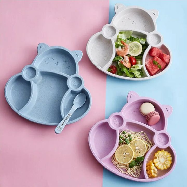 【NEW】 Kids Cartoon Cat Dishes Plate Set Wheat Straw Solid